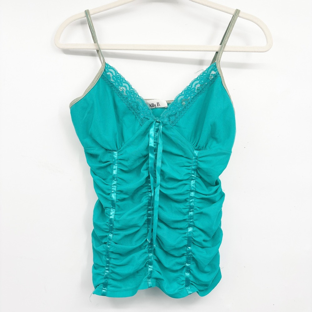 Ally B. Womens Teal Ruched Lace Sequin Trim Y2K Fairycore Mermaid Mesh‎ Cami Top